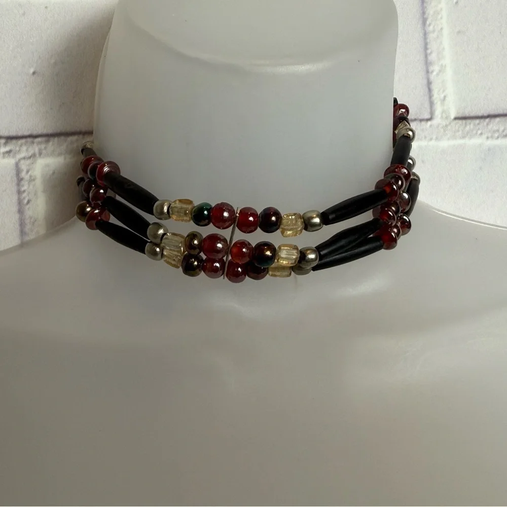 Vintage Handmade Beaded Multi- Strand Choker Necklace - Red, Gold & Black